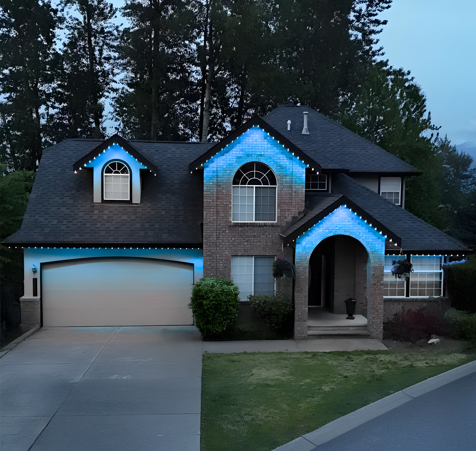 Edmonton home with blue permanent exterior lighting