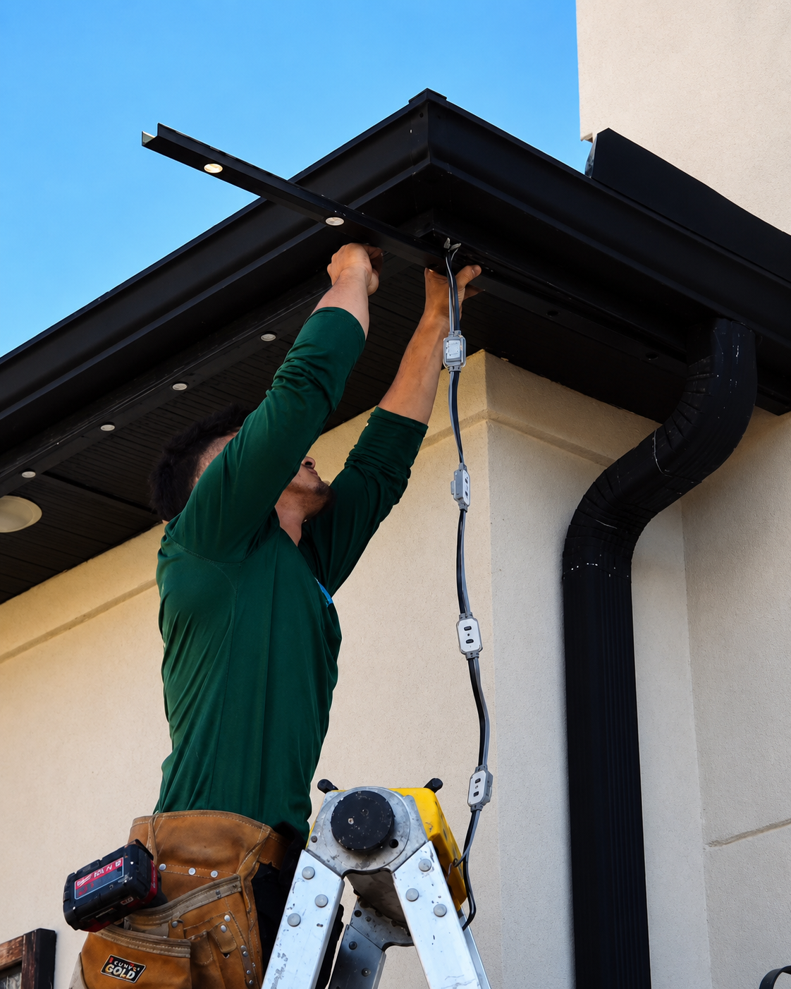Professional permanent exterior lighting installation in progress